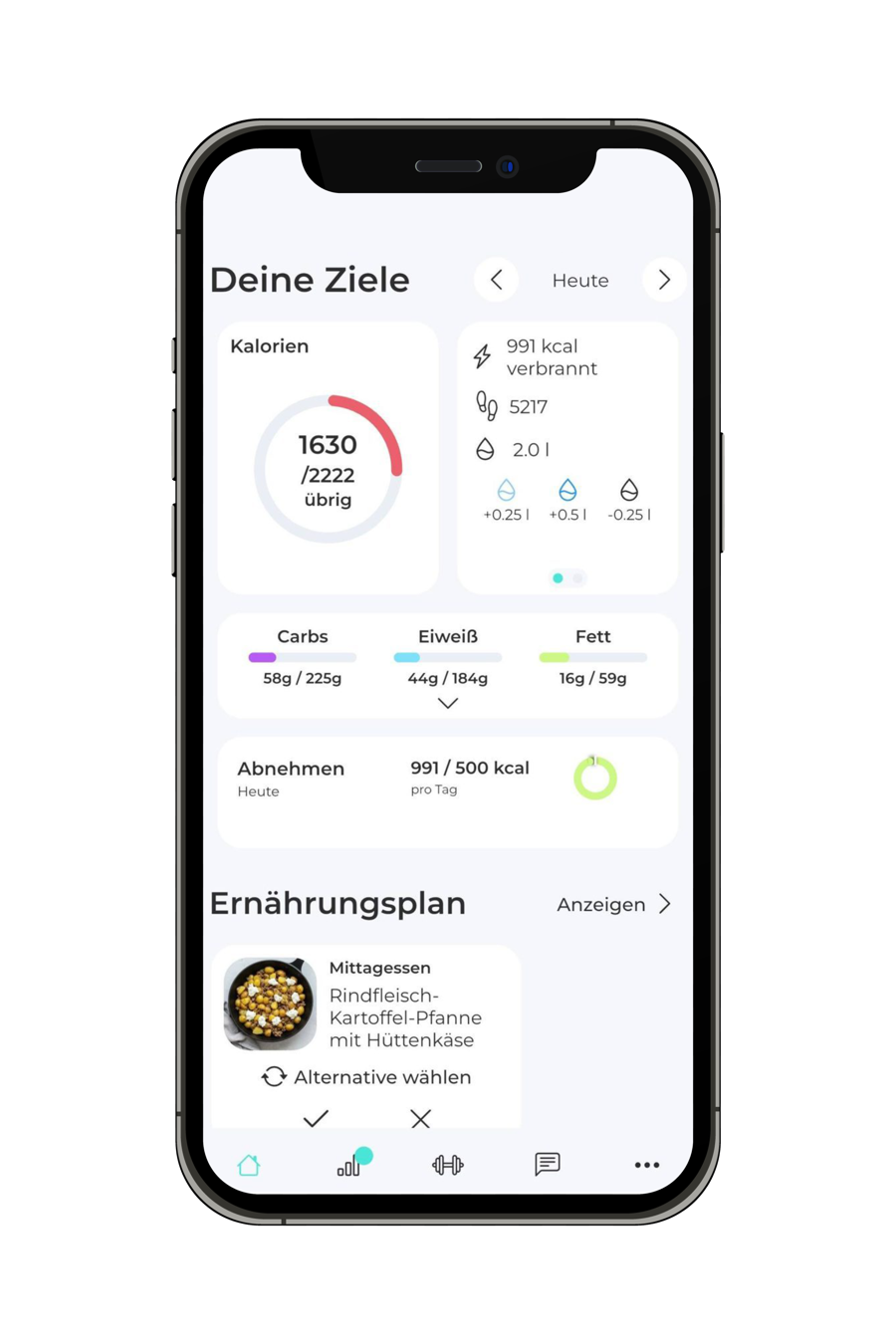 Mockup der Nutrilize-App mit Trainings- und Ernährungsübersicht